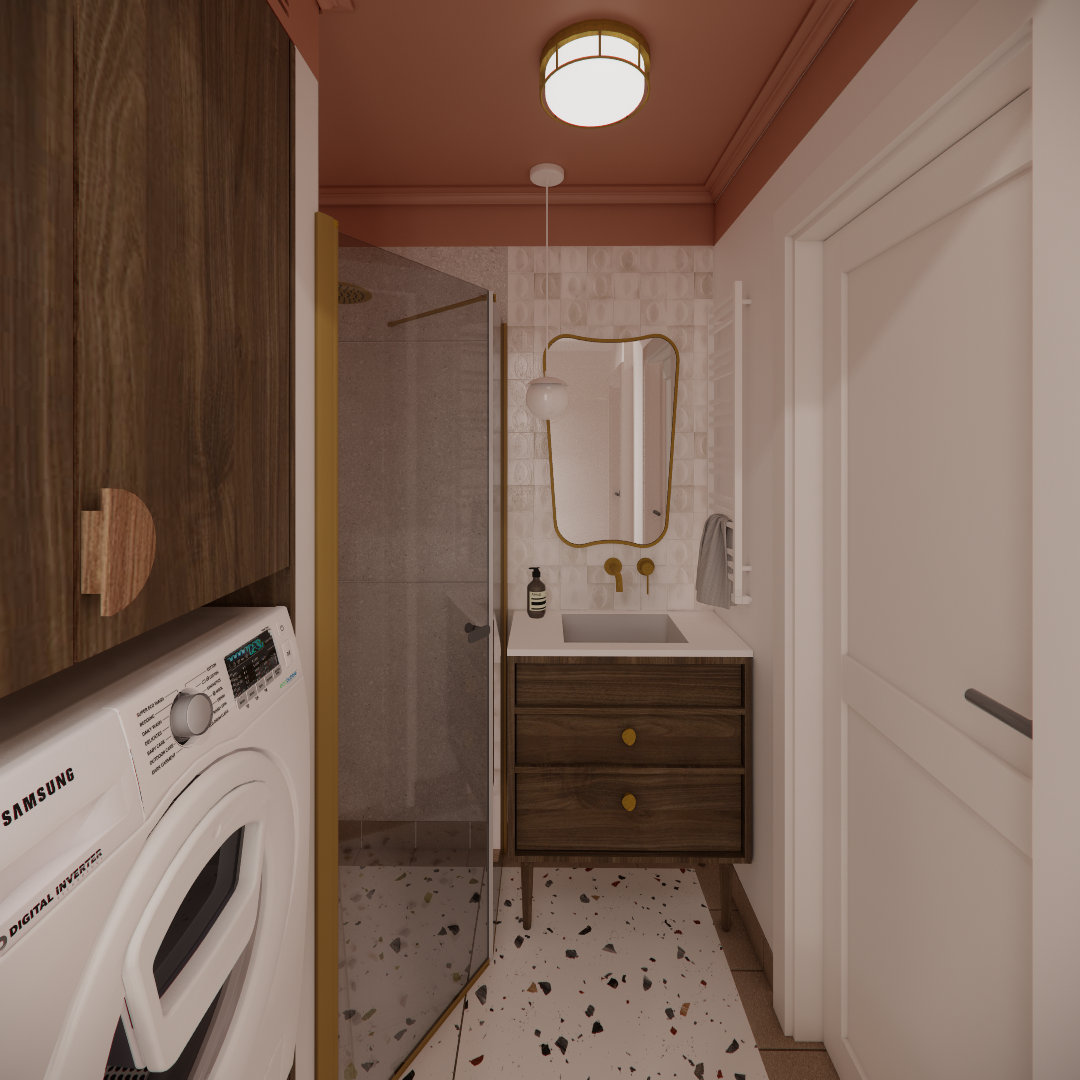 Łazienka w stylu prl ze sztukaterią na suficie. Projekt łazienki w Tychach