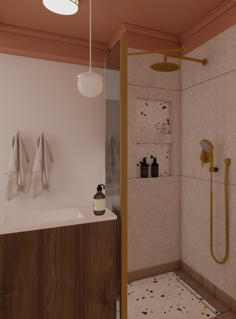 Łazienka w stylu prl ze sztukaterią na suficie. Projekt łazienki w Tychach