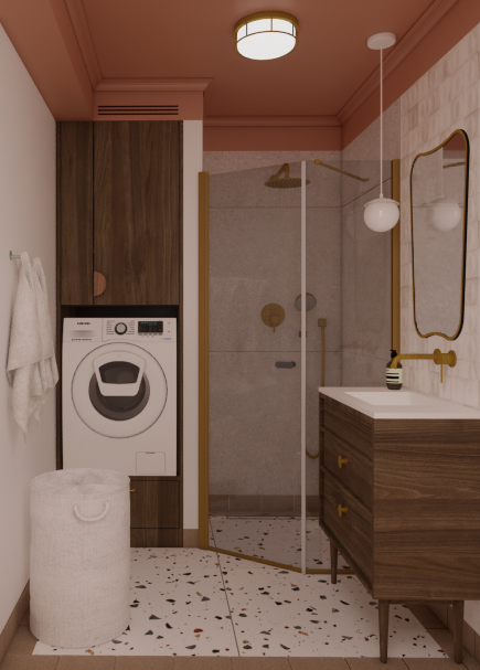 Projekt łazienki vintage w Tychach ze sztukaterią na suficie i płytkami lastryko