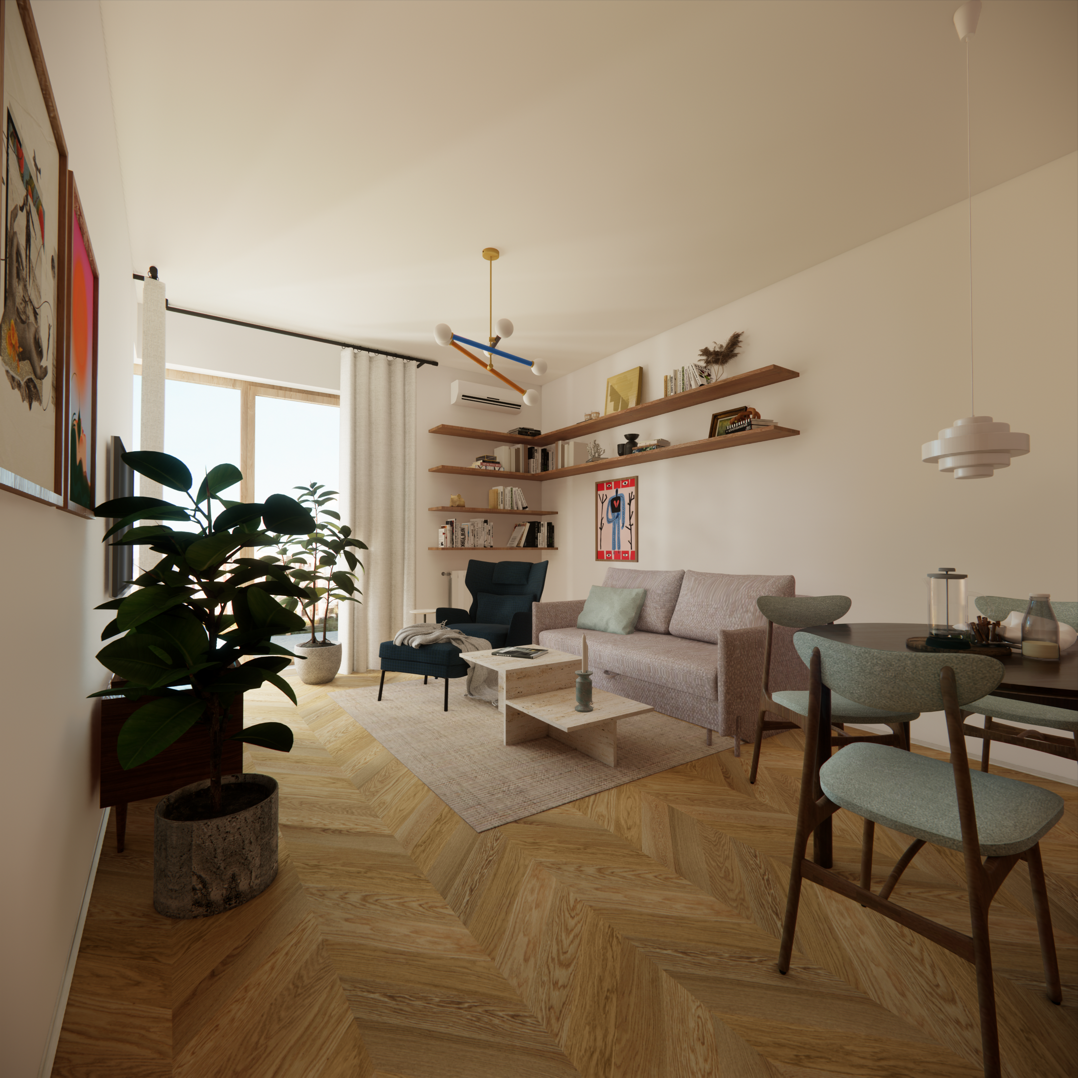 Projekt mieszkania w Warszawie - salon. Fotel Sita. Stolik z konglomeratu. Sofa MP Nidzica