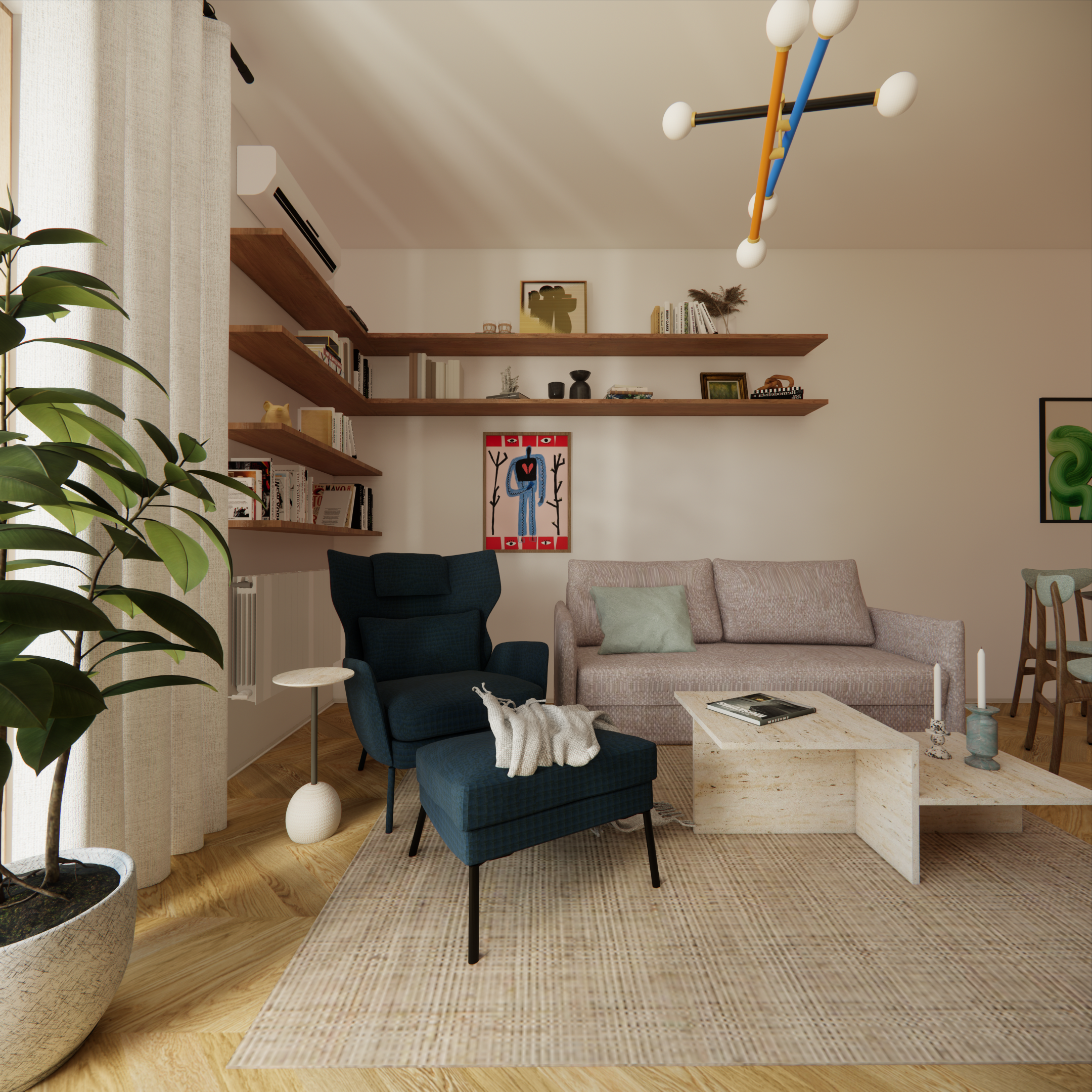 Projekt mieszkania w Warszawie - salon. Fotel Sita. Stolik z konglomeratu. Sofa MP Nidzica