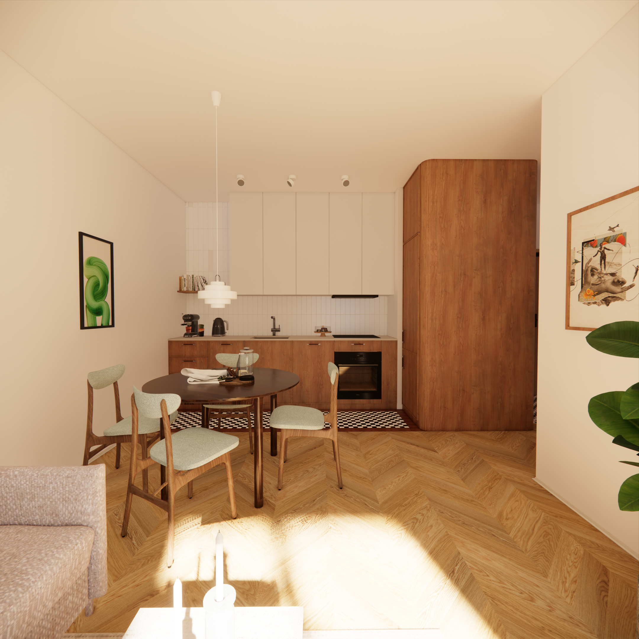 Projekt mieszkania w Warszawie - kuchnia z forniru. Okrągły stół. Płytki szachownica. Zaokrąglona szafa