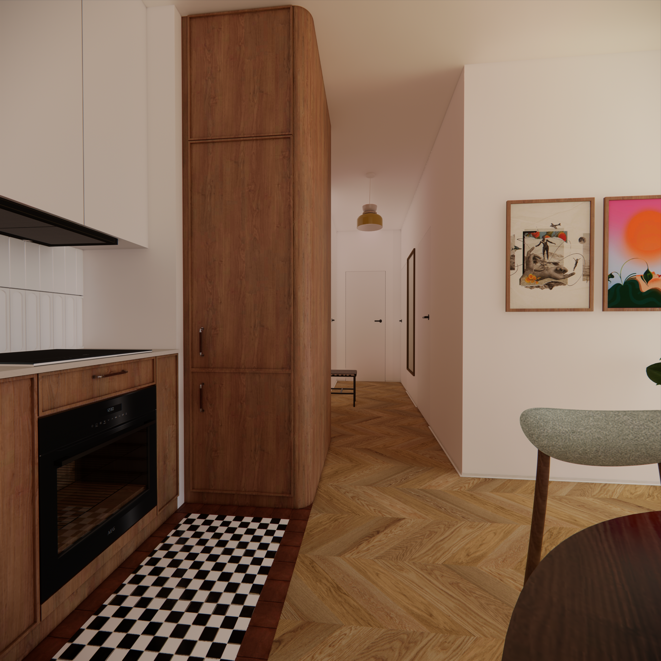 Projekt mieszkania w Warszawie - kuchnia z forniru. Okrągły stół. Płytki szachownica. Zaokrąglona szafa
