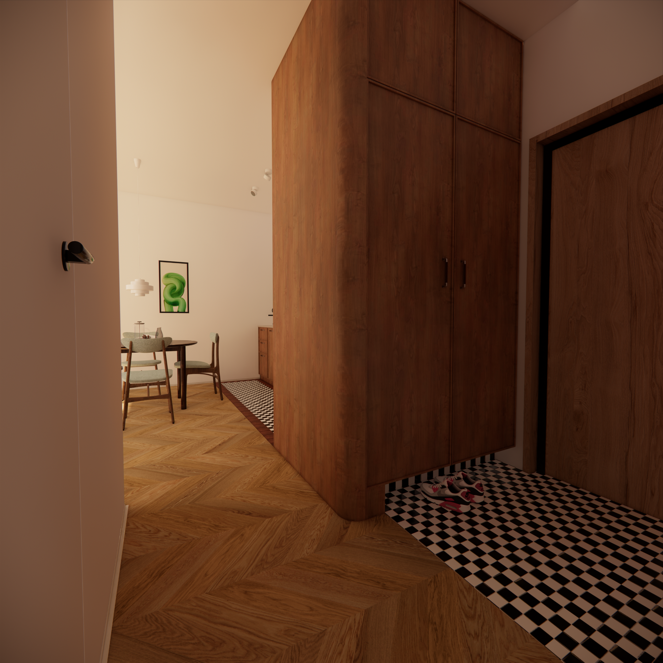 Projekt mieszkania w Warszawie - korytarz Zaokrąglona szafa