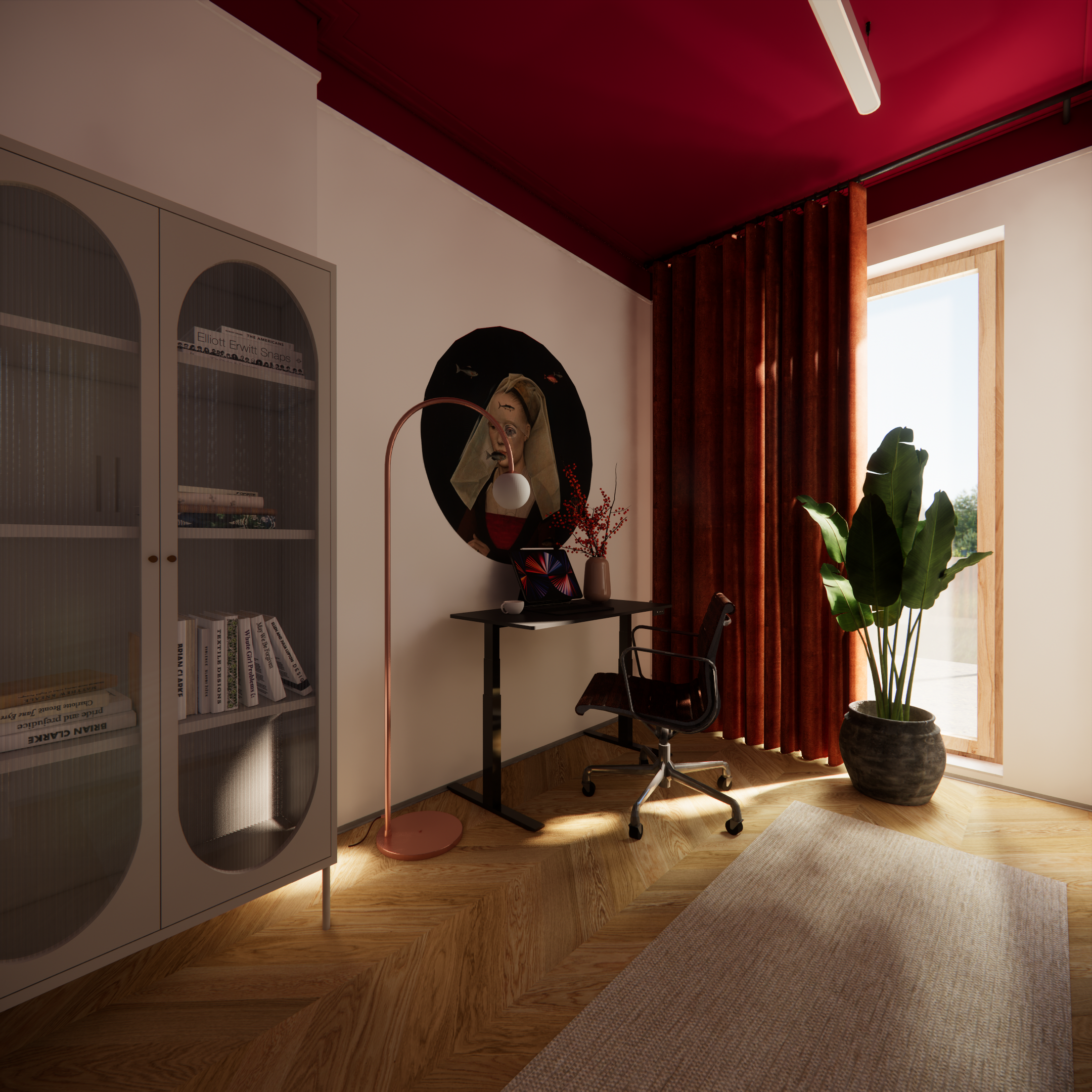 Aranżacja mieszkania w Warszawie. Projekt garderoby połączonej z biurem. Bordowy sufit. Home office