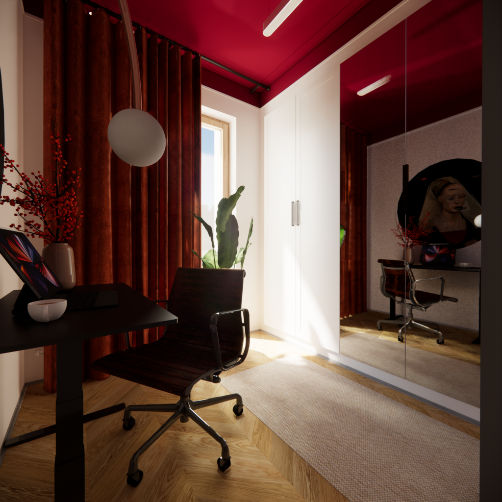Aranżacja mieszkania w Warszawie. Projekt garderoby połączonej z biurem. Bordowy sufit