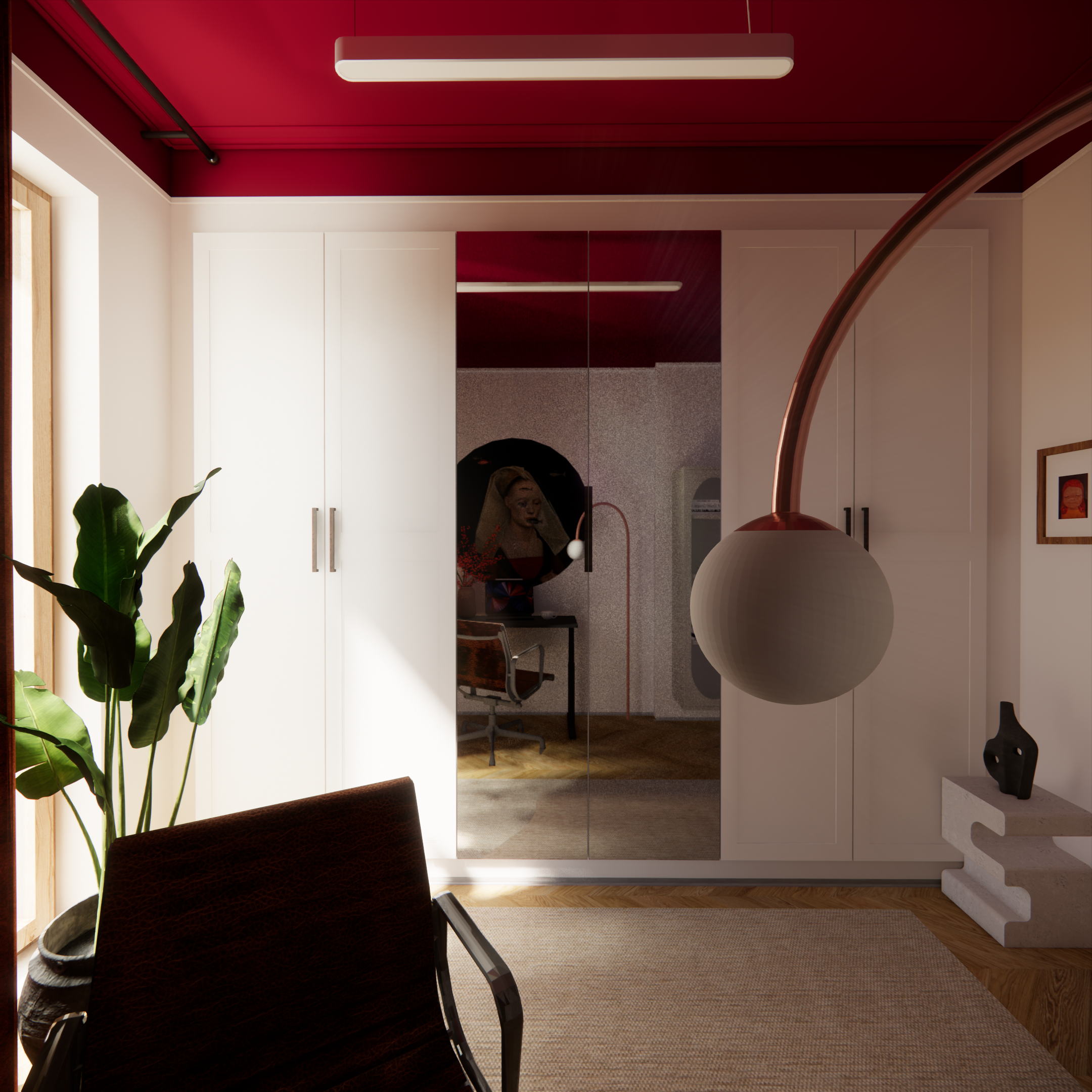 Aranżacja mieszkania w Warszawie. Projekt garderoby połączonej z biurem. Bordowy sufit