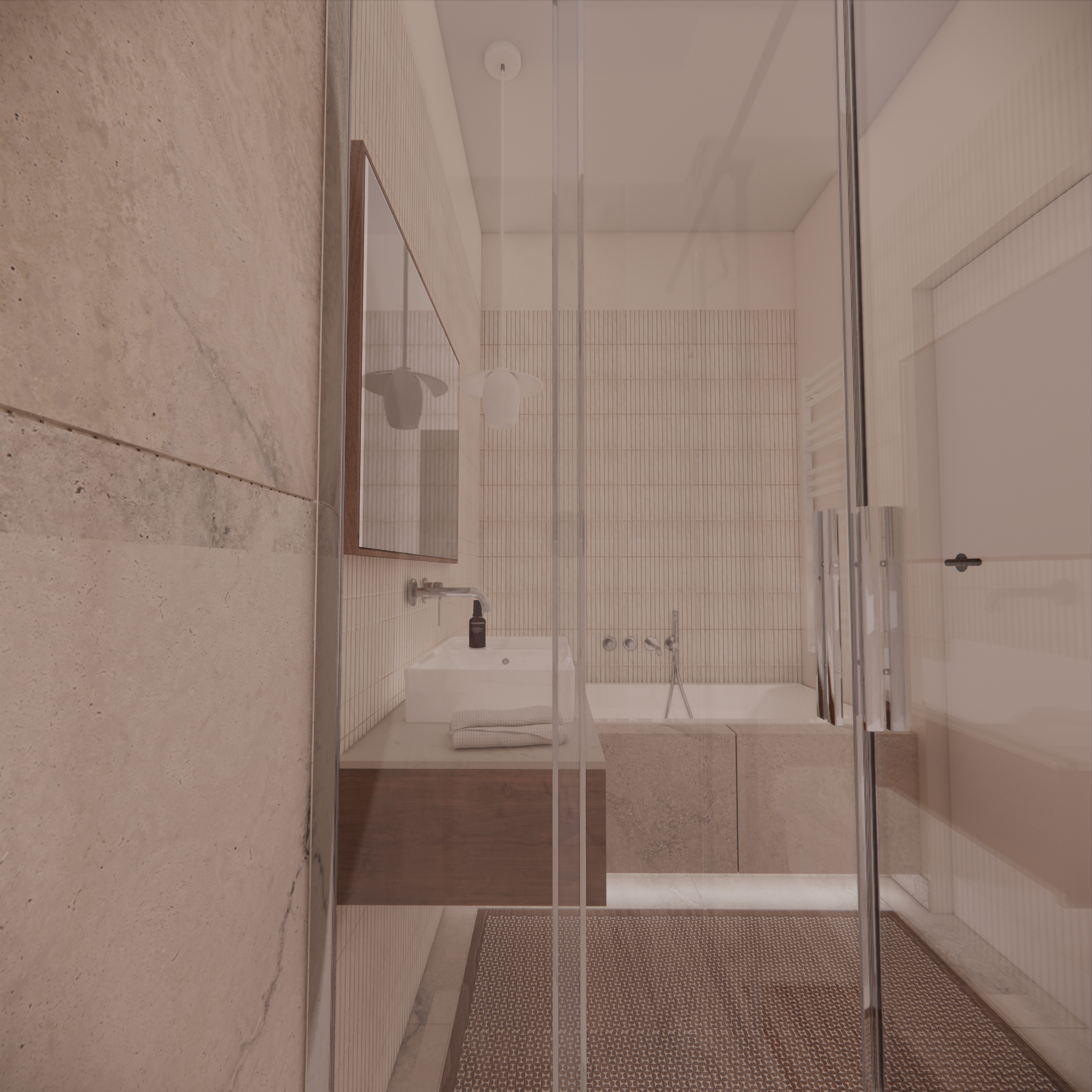 Projekt łazienki w mieszkaniu w Warszawie. Łazienka z prysznicem. Płytki cegiełki