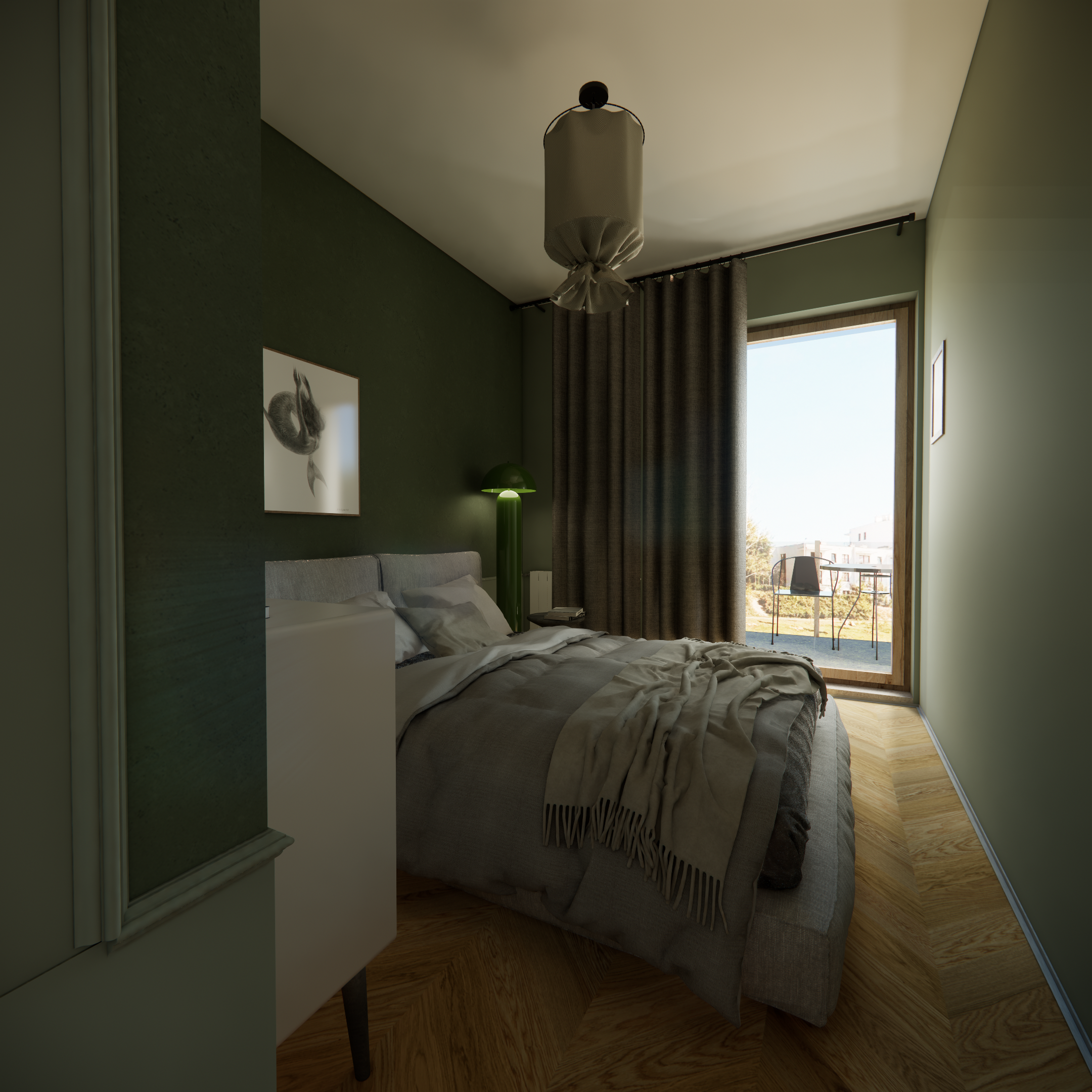 Projekt mieszkania w Warszawie - projekt sypialni. Tynk dekoracyjny w sypialni