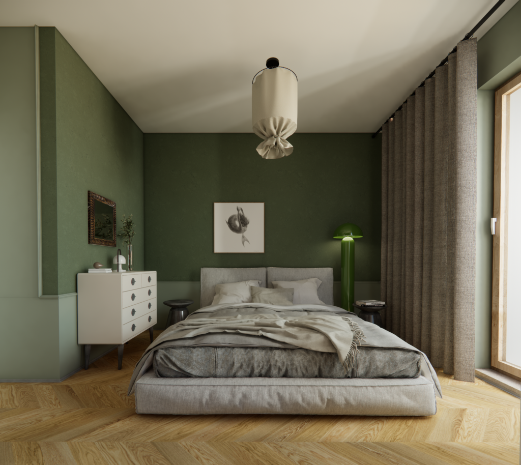 Projekt mieszkania w Warszawie - projekt sypialni. Tynk dekoracyjny w sypialni