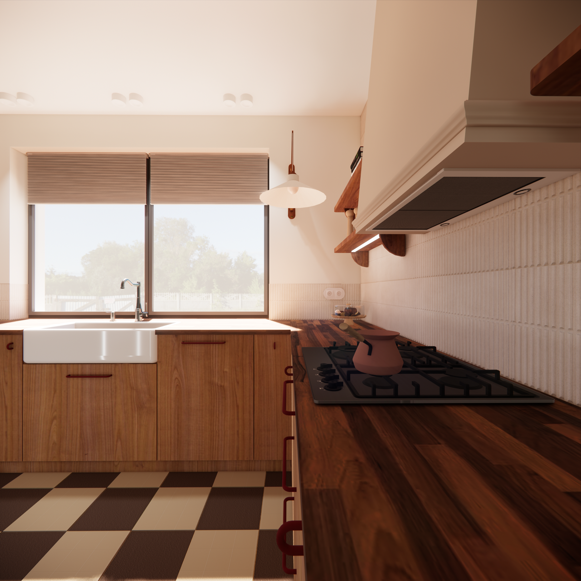 Projekt kuchni z drewnianym blatem i drewnianymi frontami