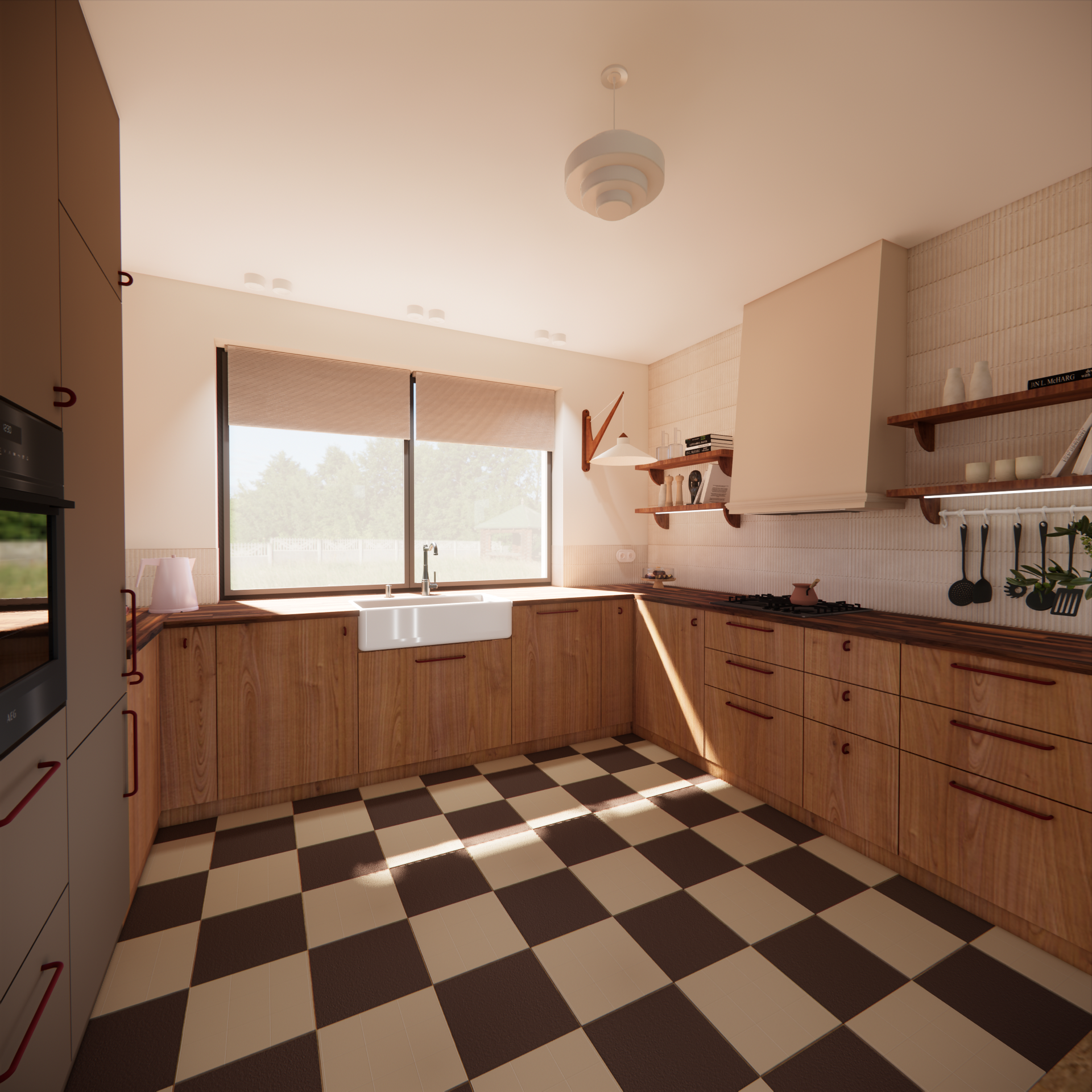 Projekt kuchni z drewnianym blatem i drewnianymi frontami