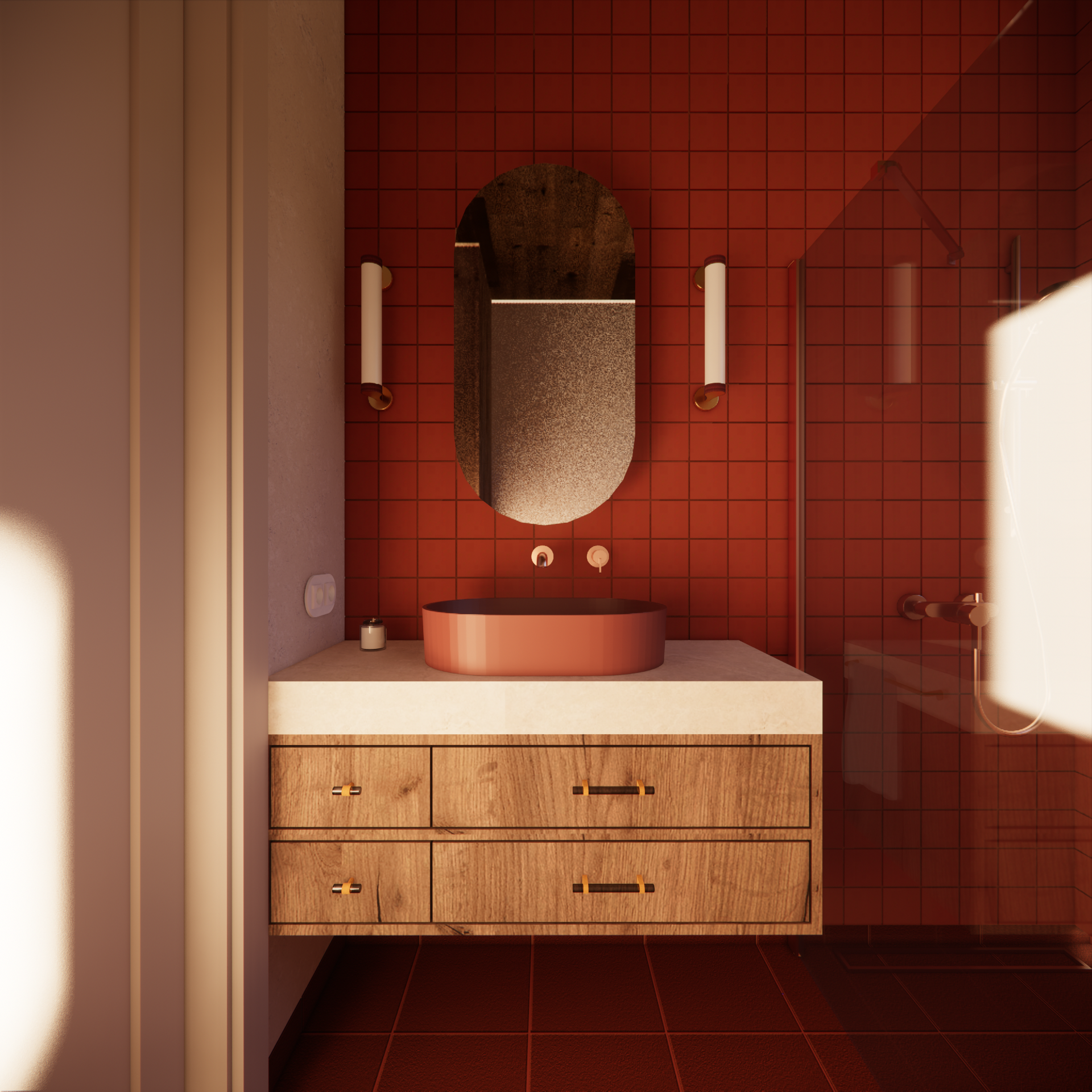 Projekt łazienki w kolorze terakoty z drewnianym sufitem