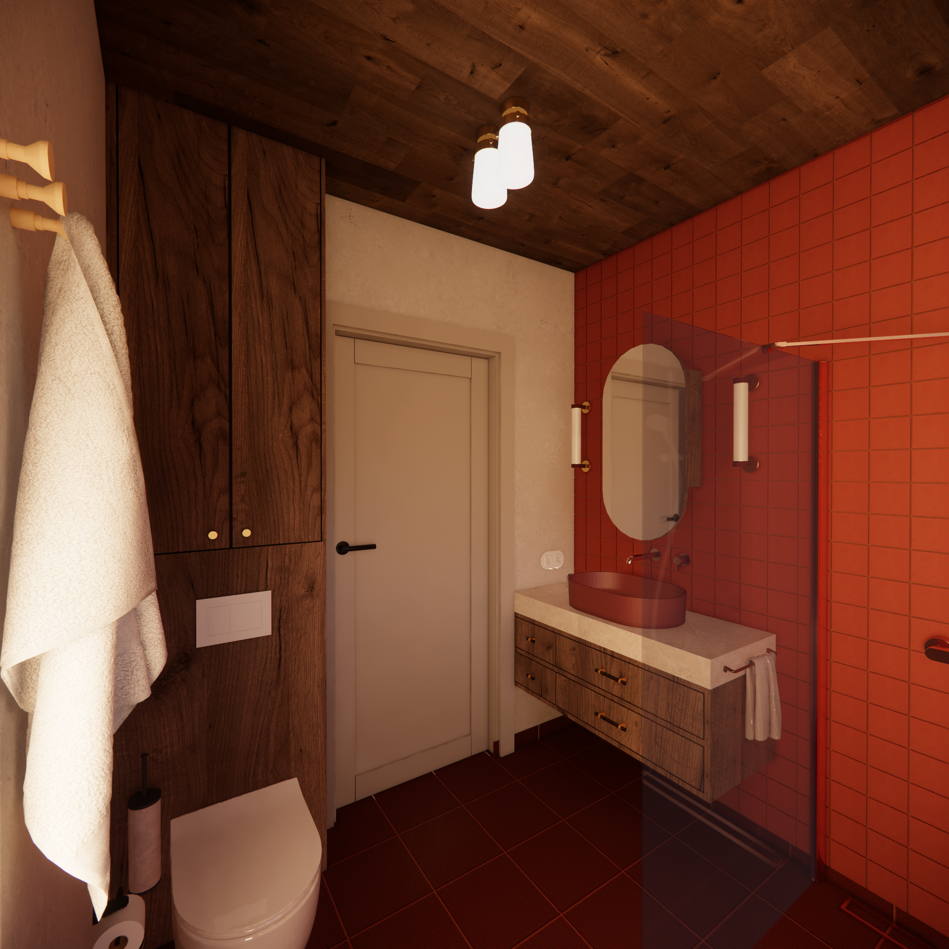 Projekt łazienki w kolorze terakoty z drewnianym sufitem