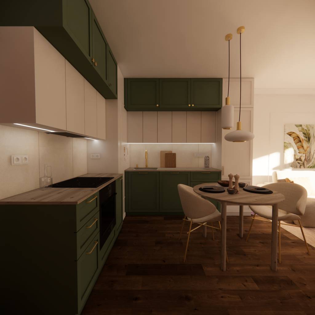 Projekt mieszkania w Warszawie - projekt salonu z zieloną kuchnią