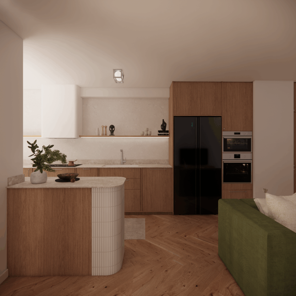 Projekt kuchni w Warszawie - kuchnia drewniana z lodówką side by side