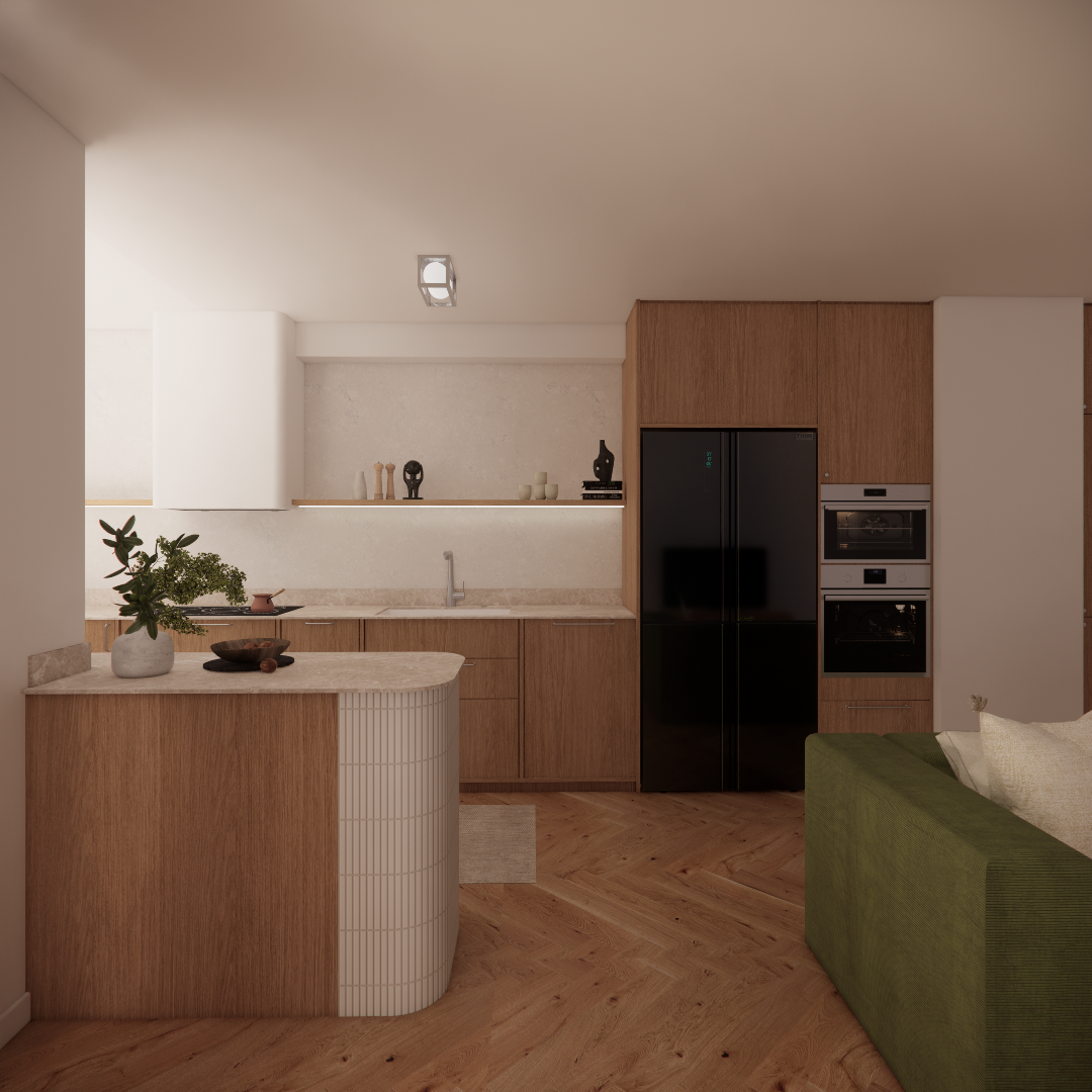 Projekt kuchni w Warszawie - kuchnia drewniana z lodówką side by side