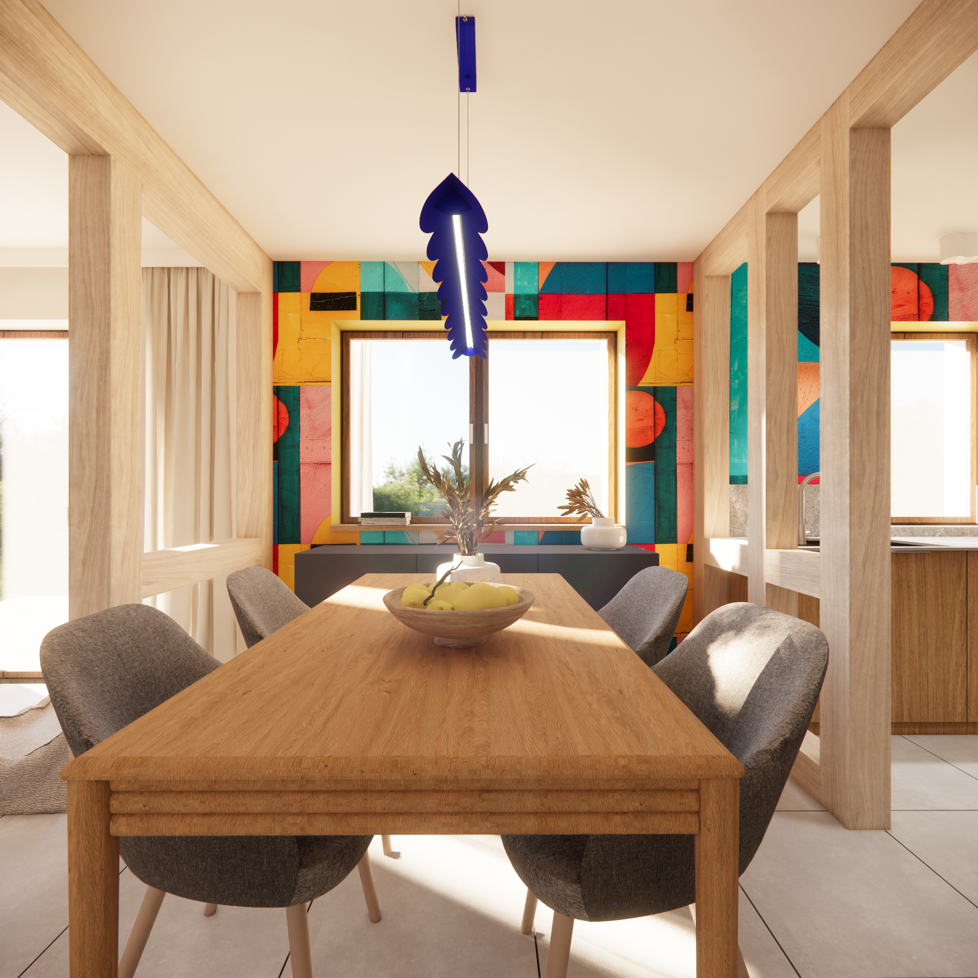 Projekt domu pod Warszawą. Tapeta w jadalni