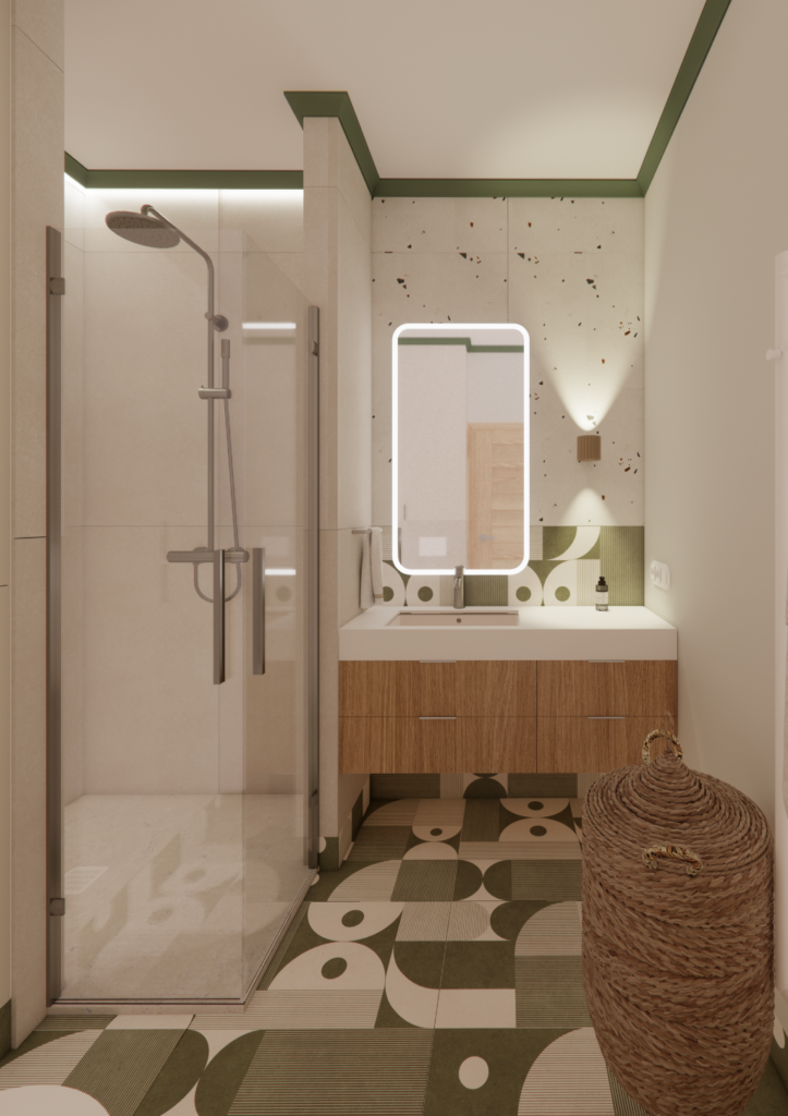 Łazienka z lastryko i oliwkową listwą przysufitową – Warszawa Wyścigi