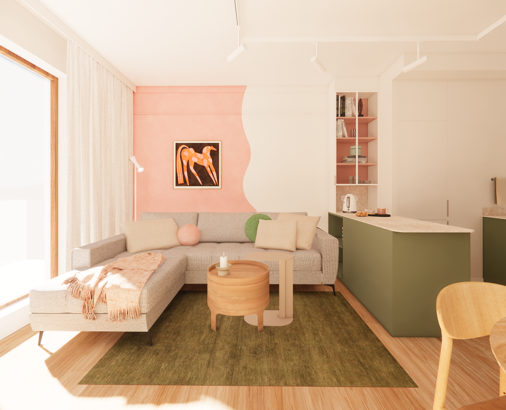 Projekt wnętrza salonu w Warszawie z szynoprzewodem i ścianą lime wash